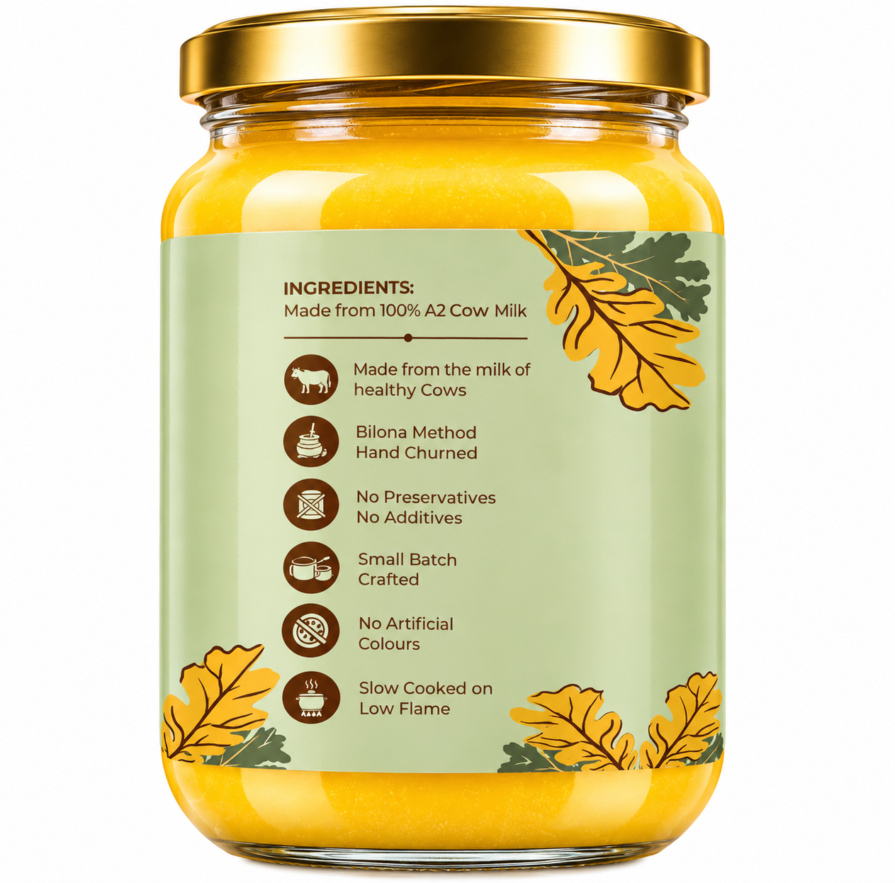 Organic Bilona A2 Desi Cow Ghee 500Ml 2 - Bilonika Foods Golden Ghee Jar Ingredients Label